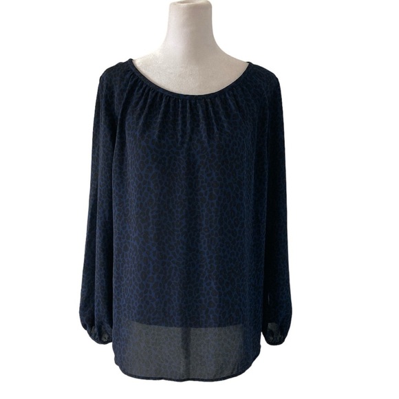 LOFT Large Petite blouse blue black animal print - Picture 1 of 13